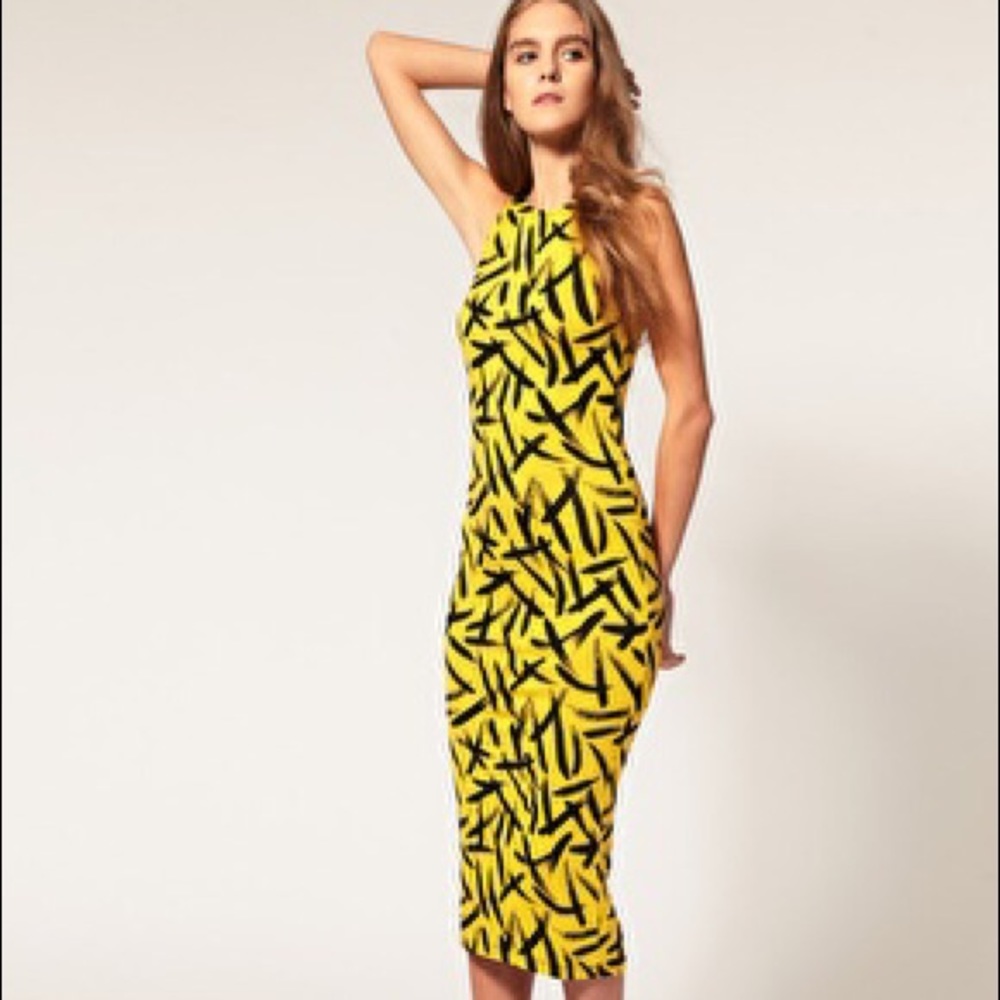 Black and yellow midi dress